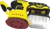 A yellow and black cordless orbital sander with a red sanding disc and a clear dust collector attached. Produktbild-Vorschau
