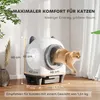 A self-cleaning cat litter box with a cat exiting it, surrounded by measurement indicators and promotional text. Produktbild-Vorschau