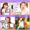 A collage of four images showcasing a purple digital camera and its features, including smile capture, timer functions, live streaming, and anti-shake. Produktbild-Vorschau