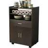 A dark brown kitchen trolley with shelves and cabinets, filled with kitchenware. Náhled obrázku produktu