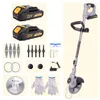 A collage of images showing a battery-powered trimmer, its accessories, and spare parts. Náhľad obrázku produktu
