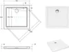 A collage of images showing a square shower tray with technical drawings and product shots. Produktbild-Vorschau