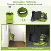 Collage showing a green shopping trolley in various states and locations: unfolded, folded, stored in a corner, and in a car trunk. Produktbild-Vorschau