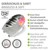 A toilet seat with a water lily and stone design, along with text and icons describing its features. Produktbild-Vorschau