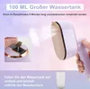 A close-up of a portable steam iron with steam coming out, and a smaller inset image showing how to fill the water tank. Text overlays describe the product's features. Produktbild-Vorschau