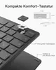 A close-up view of a keyboard with diagrams and text highlighting its features. Produktbild-Vorschau
