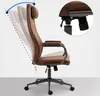 A brown leather office chair is shown from the side, with an inset showing a detail of the height adjustment mechanism. Arrows indicate the reclining function of the backrest. Podgląd zdjęcia produktu