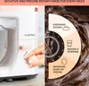 A kitchen mixer is shown with a hand adjusting its knob, next to a diagram illustrating different settings and their uses. Podgląd zdjęcia produktu