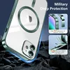 A clear phone case with a green metallic frame is shown on a dark, rocky surface, with graphics highlighting its protective features. Produktbild-Vorschau
