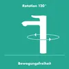 A white faucet is shown on a teal background, illustrating its rotation capability. Produktbild-Vorschau