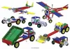 A collage of various construction toy models made from metal parts, including airplanes, trucks, and tractors. Produktbild-Vorschau