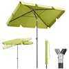 A rectangular patio umbrella is shown from multiple angles, including a folded state and a close-up of its joint mechanism. Produktbild-Vorschau