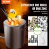 A VEVOR smelting furnace with cans being added, surrounded by images of recycled cans, metal cubes, and a dog tag. Voir les images du produit