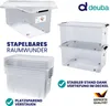 Collage of transparent storage boxes and marketing text. Voir les images du produit