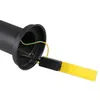 Close-up view of the base of a black outdoor lamp, showing electrical wiring and a yellow warning tag. Produktbild-Vorschau
