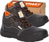 A pair of black work boots with orange accents, shown with their cardboard box in the background. Náhľad obrázku produktu