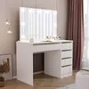 A white vanity table with a large mirror and LED lights, set in a room with curtains and a framed picture. Voir les images du produit