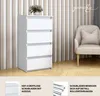 A white chest of drawers with four drawers is shown in a room with striped wallpaper and a chair. There are also text descriptions and smaller images at the bottom of the frame. Produktbild-Vorschau