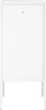 A white cabinet with a single door and a small black dot in the center of the door, standing on four thin legs. Voir les images du produit