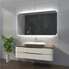 A modern bathroom vanity with a sink and a large LED-lit mirror. Produktbild-Vorschau