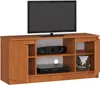 A television stand with a TV, soundbar, and DVD player.