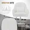 A white velvet armchair is shown with marketing text and diagrams highlighting its features. Voir les images du produit