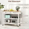 A white kitchen cart with a wooden top, featuring various kitchen items and labeled features. Podgląd zdjęcia produktu