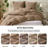 A bed with brown bedding, with a plant on the left and a nightstand on the right. Below the bed is a collage of fabric swatches in different lighting conditions. Produktbild-Vorschau