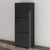 A dark gray shoe cabinet with three drawers stands against a light gray wall, with a wooden floor in the foreground. Produktbild-Vorschau
