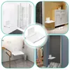 Collage of images showing a foldable shower seat mounted in different bathroom and closet settings. Produktbild-Vorschau