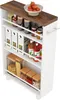 A white, four-tier rolling storage cart with a wooden top, filled with various kitchen items like jars, bottles, and food containers. Anteprima dell’immagine prodotto