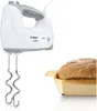 A white and gray Bosch hand mixer is shown next to a loaf of bread in a baking mold. Produktbild-Vorschau