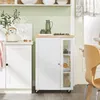 A white kitchen cart with a wooden top is shown in a kitchen setting. Produktbild-Vorschau