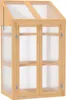 A wooden greenhouse with clear panels and double doors. Voir les images du produit