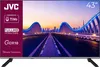 A JVC 43-inch Smart TV with a cityscape and bridge image displayed on its screen, set against a white background with a purple overlay on the left side detailing product features. Produktbild-Vorschau