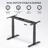 A black adjustable desk frame with informational icons and text above it. Produktbild-Vorschau
