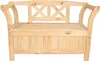 A light brown wooden park bench with a storage compartment. Produktbild-Vorschau