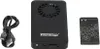 A black USB cable, a black fan device, and a black battery are arranged on a white background. Produktbild-Vorschau