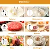 A collage of images showcasing different functions and accessories of a hand blender, including whipping cream, mixing flour, grinding meat, mashing food, and making juice, along with a final image of a coffee drink. Produktbild-Vorschau