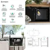 A collage of images showing a black kitchen sink and faucet, along with diagrams and feature callouts for a PRIMAGRAN sink. Produktbild-Vorschau