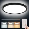 A ceiling light fixture is shown with a slider indicating color temperature adjustment and three sample images showing different light colors. A finger is shown pressing a light switch. Produktbild-Vorschau