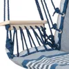 Close-up of a blue and white striped hammock chair, showing the wooden spreader bar and rope suspension. Produktbild-Vorschau
