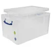 A clear, studio shot of a transparent plastic storage box with a blue handle, shown with its lid slightly ajar. Anteprima dell’immagine prodotto