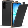 A black flip case for a smartphone is shown, with the phone partially open. Produktbild-Vorschau