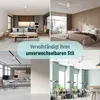 Collage of four interior design scenes, featuring ceiling fans, with overlaid text. Produktbild-Vorschau