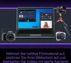 A laptop displaying video editing software, surrounded by cameras and a tripod, with promotional text below. Produktbild-Vorschau