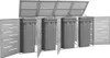 A grey metal trash bin enclosure with four compartments, shown with the doors and lids open. Náhled obrázku produktu