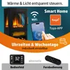 A marketing image showcasing an electric fireplace with smart home features, app control, and remote operation. Produktbild-Vorschau