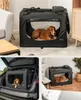 Collage of images showing a dog in a portable pet carrier in different settings: indoors, in a car trunk, and on a bed. Voir les images du produit