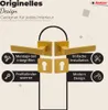 A marketing image showcasing a gold-colored door handle set with accompanying text and icons highlighting its features. Produktbild-Vorschau